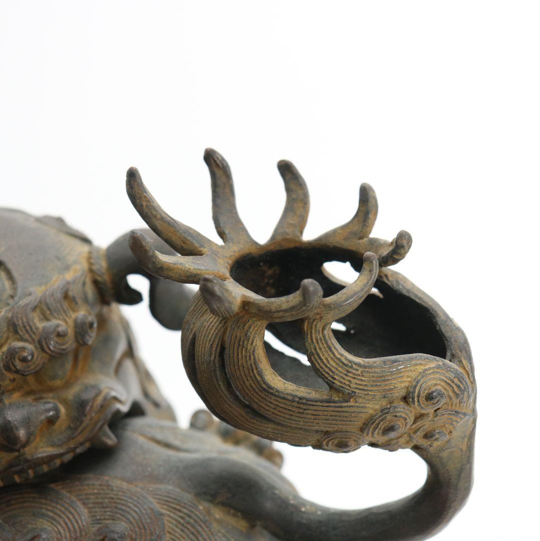 大峰作 蝋型鋳銅製 香炉 戯れ獅子 水晶 高岡銅器 置物 共箱　M588　R9y