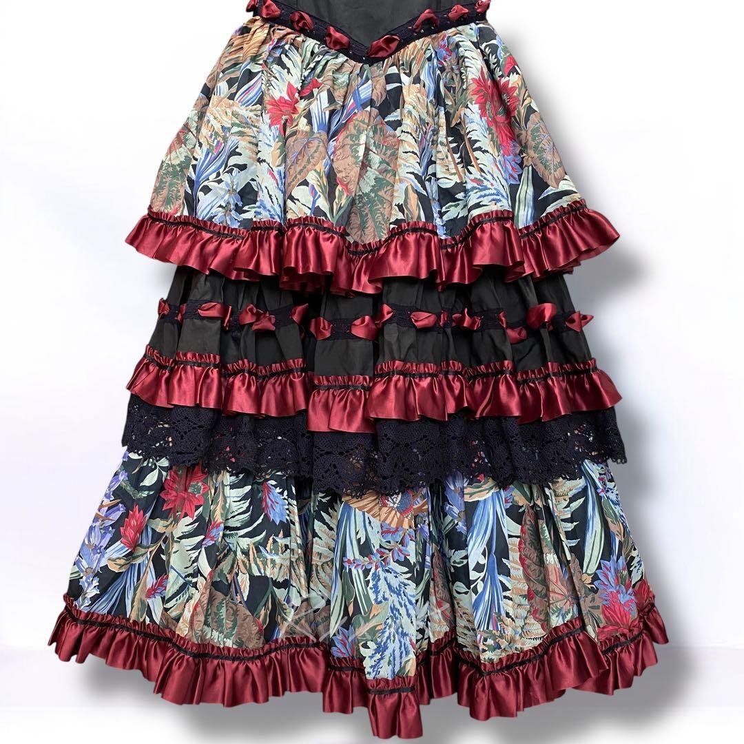 【スペイン製】高級 フラメンコ 衣装 ドレス ワンピース フリル リボン 黒 赤