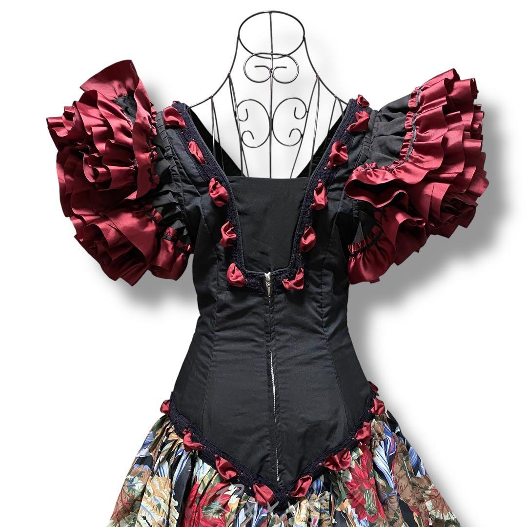 【スペイン製】高級 フラメンコ 衣装 ドレス ワンピース フリル リボン 黒 赤