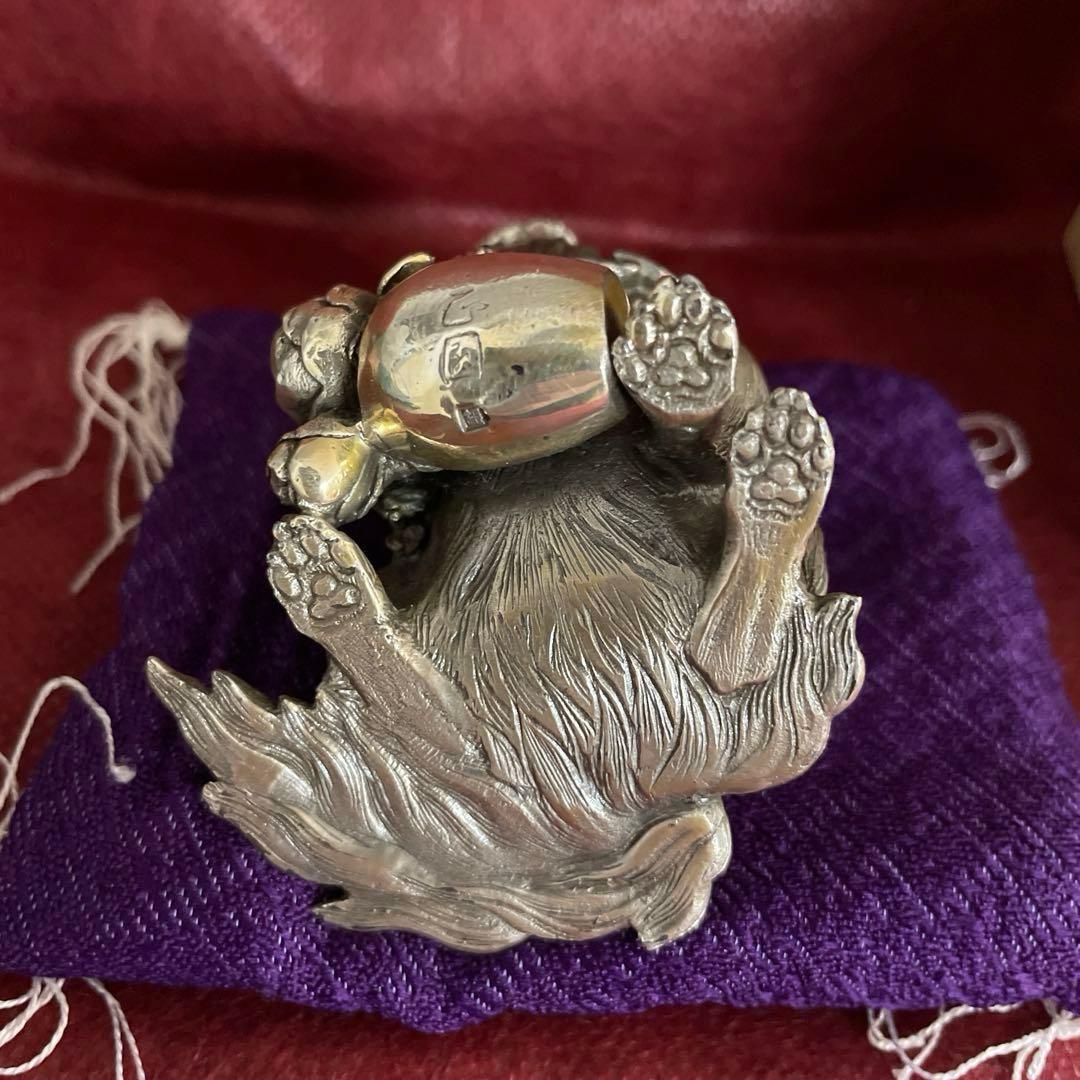 正園 作　狆 （チン）　置物　銀製　桐箱　銀刻印あり 重量:約322.5g