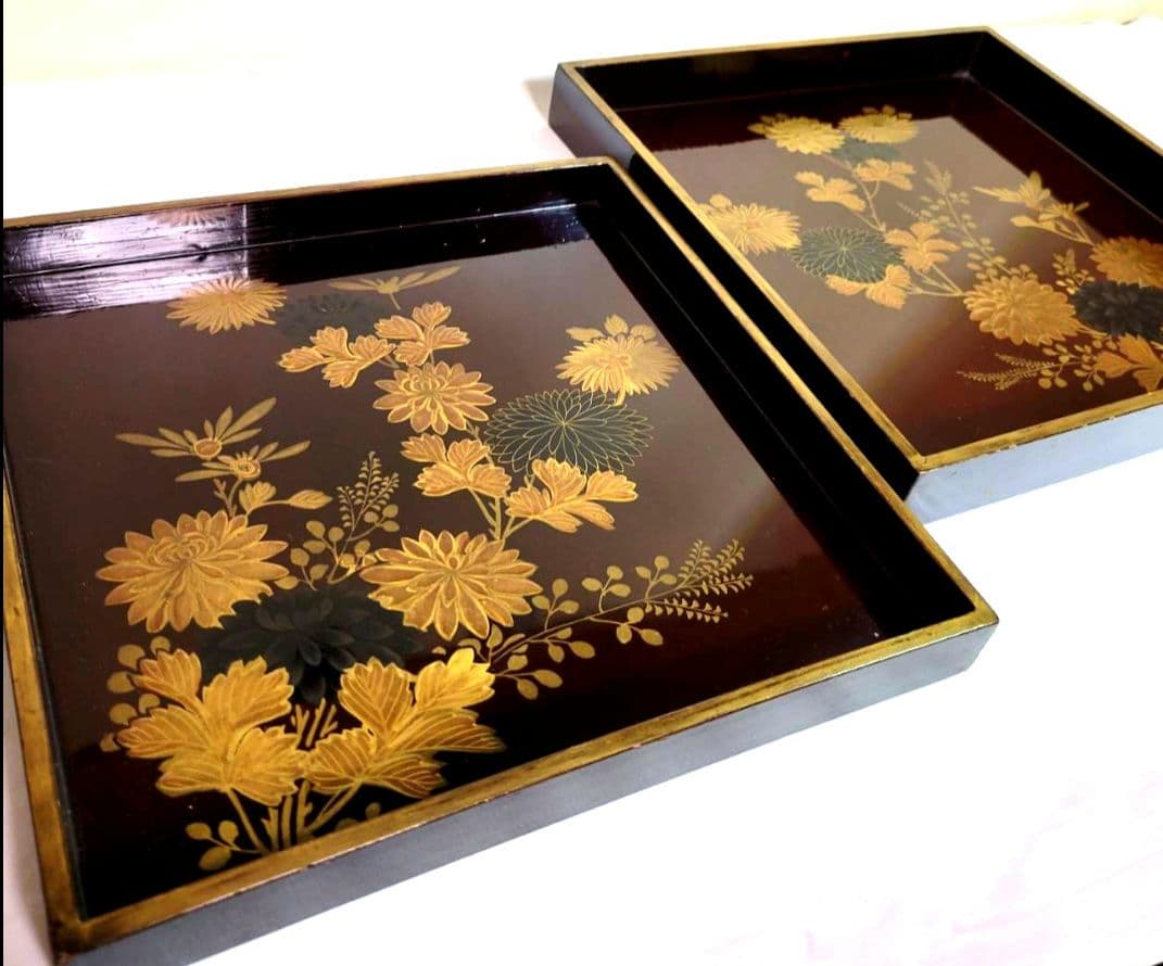 【最終価格】【時代物:文政1825年】金蒔絵 草花文 角盆 2枚揃 共箱　封書付