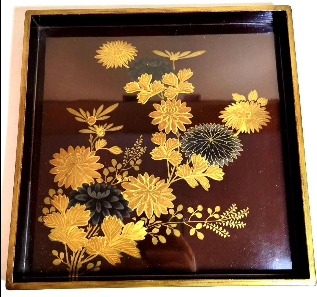 【最終価格】【時代物:文政1825年】金蒔絵 草花文 角盆 2枚揃 共箱　封書付