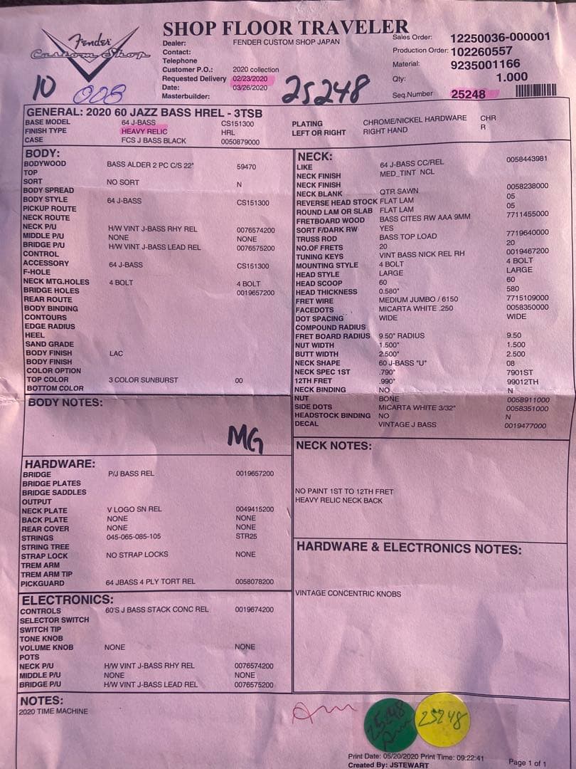 ベース fender c/s 1960 jazzbass heavy relic