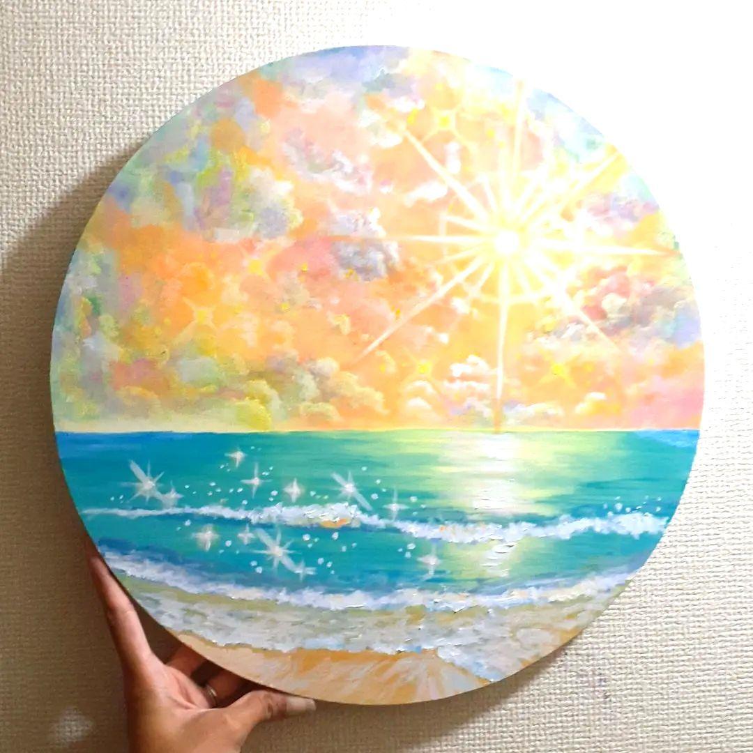 《優しく光る》油絵 油彩画 海 風景画 直径 40cm