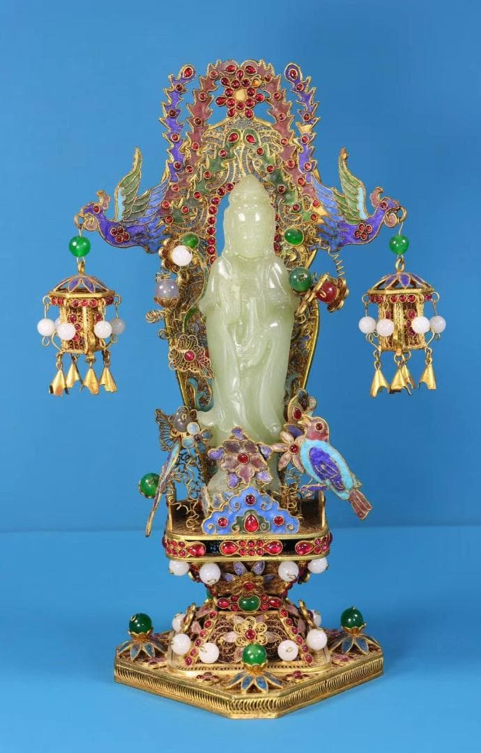 中国古美術・珍品旧蔵・和田玉・掐絲鎏金観音像・置物・純手作り・風水開運・供養仏像
