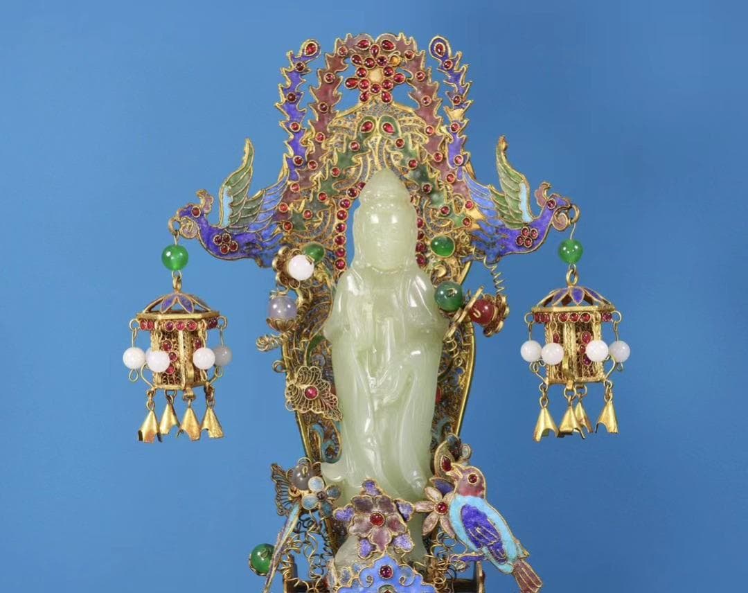 中国古美術・珍品旧蔵・和田玉・掐絲鎏金観音像・置物・純手作り・風水開運・供養仏像