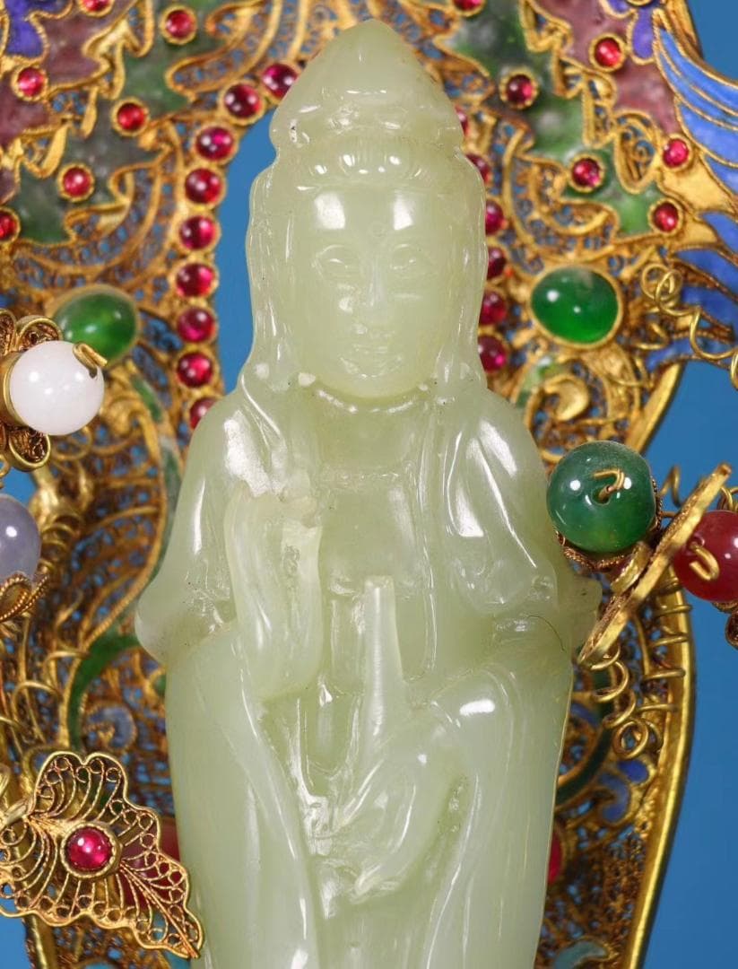 中国古美術・珍品旧蔵・和田玉・掐絲鎏金観音像・置物・純手作り・風水開運・供養仏像