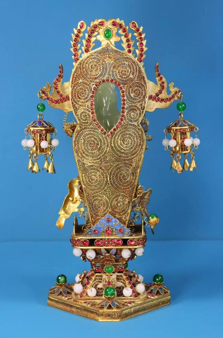中国古美術・珍品旧蔵・和田玉・掐絲鎏金観音像・置物・純手作り・風水開運・供養仏像