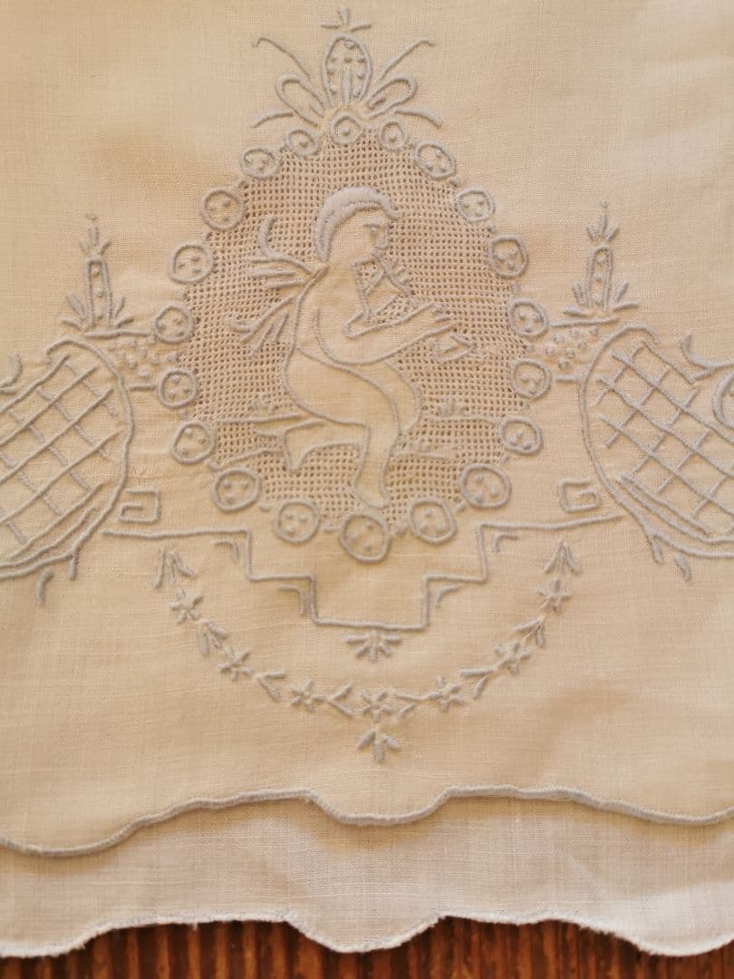 アンティーク アペンツェル刺繍レース 笛を吹く天使 ブルーニードルワーク クロス