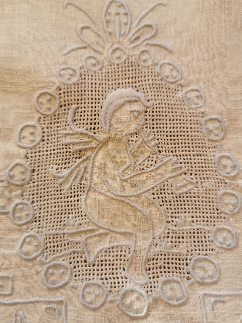 アンティーク アペンツェル刺繍レース 笛を吹く天使 ブルーニードルワーク クロス