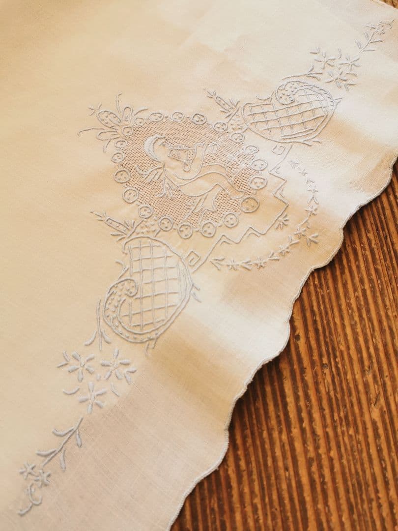 アンティーク アペンツェル刺繍レース 笛を吹く天使 ブルーニードルワーク クロス