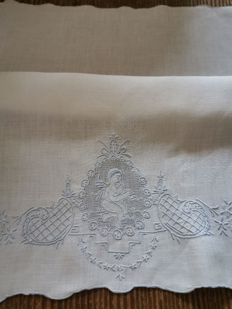 アンティーク アペンツェル刺繍レース 笛を吹く天使 ブルーニードルワーク クロス