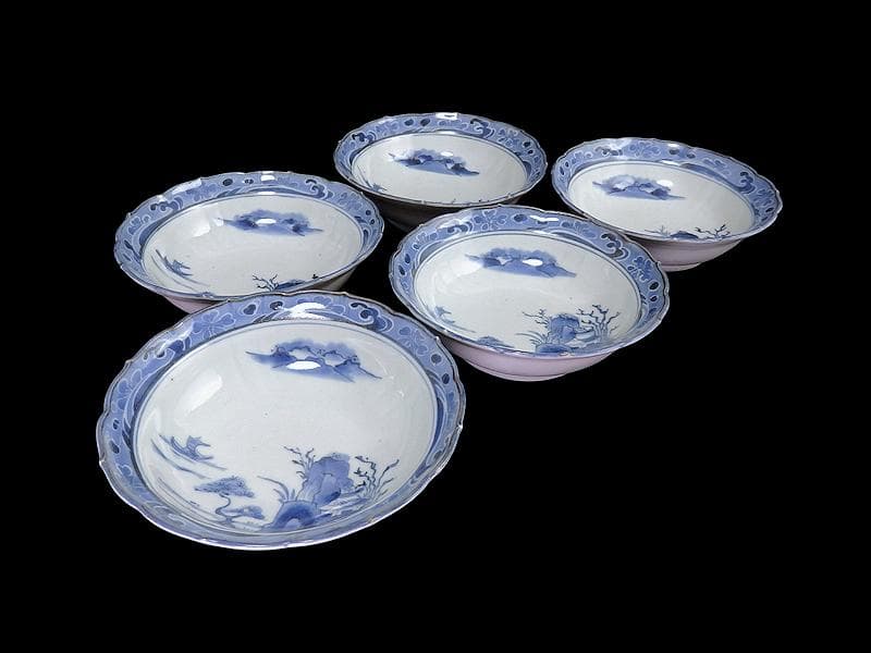 古伊万里　染付　墨弾　桜花に波　楼閣山水図　膾皿　５客　A634AS-CVz