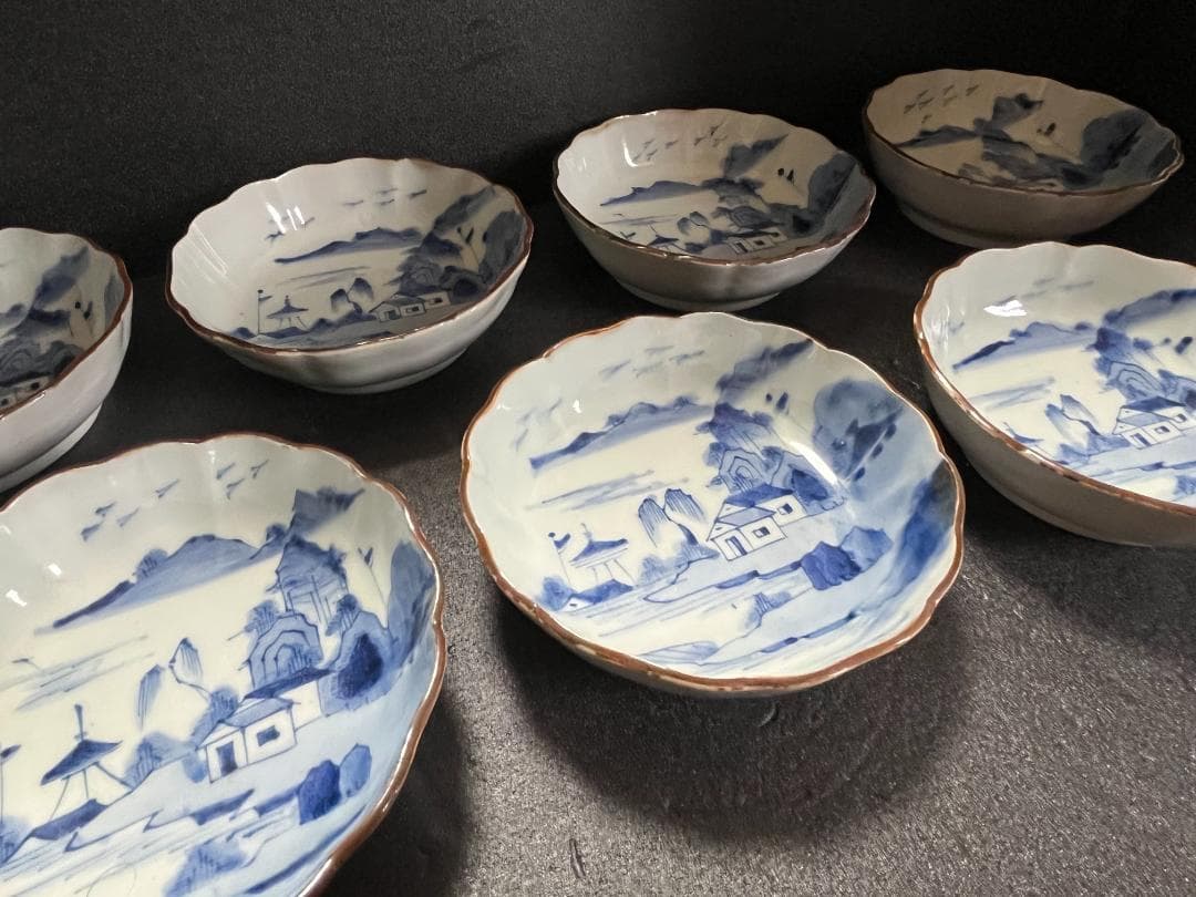 古伊万里　輪花　高台　なます皿　染付　山水　家屋　７客