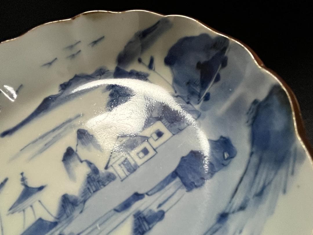 古伊万里　輪花　高台　なます皿　染付　山水　家屋　７客