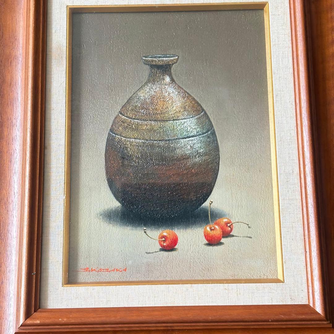 小阪正次「備前とサクランボ」油彩 F4 1979年 額装 油絵 油画 絵画 K