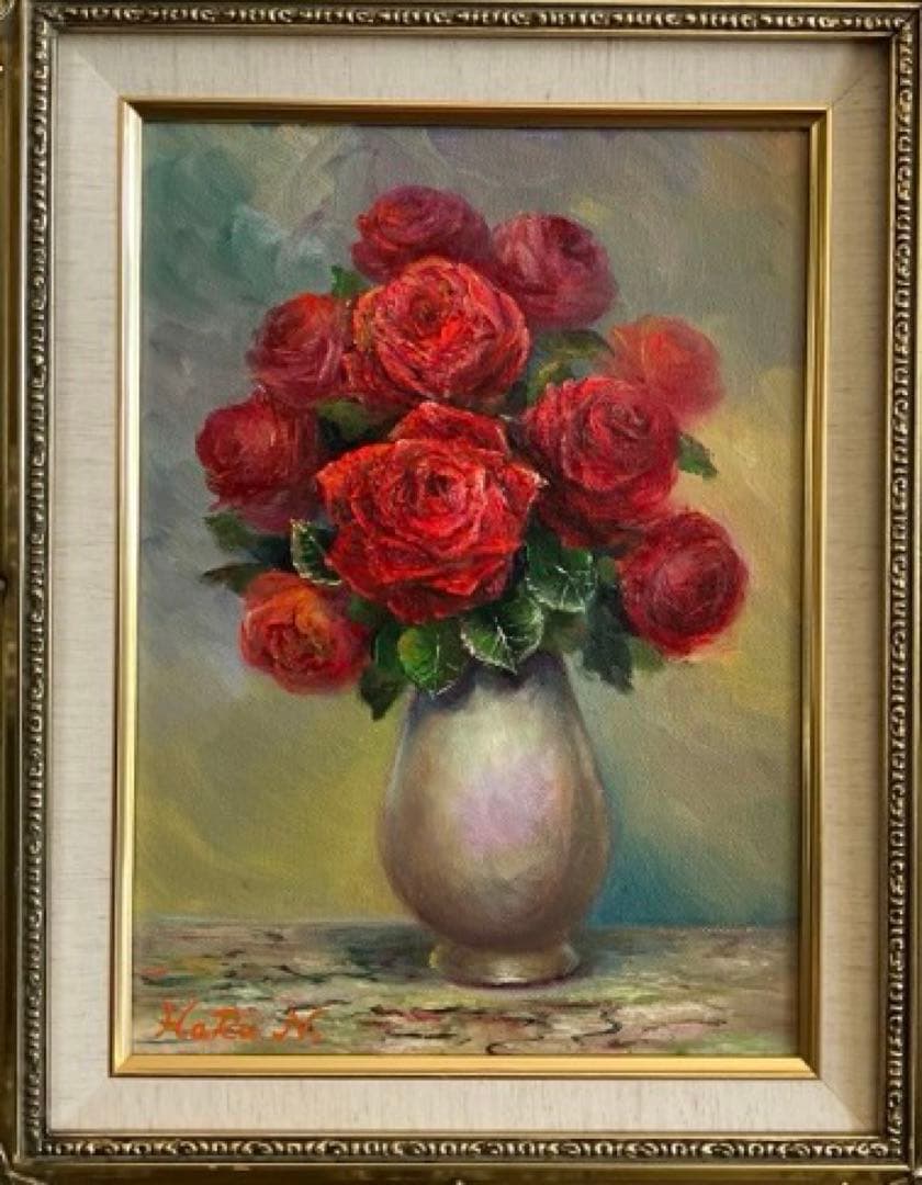 ☆ HaRu 薔薇 花 絵画 油絵 ♪ アンティーク 額縁 F4