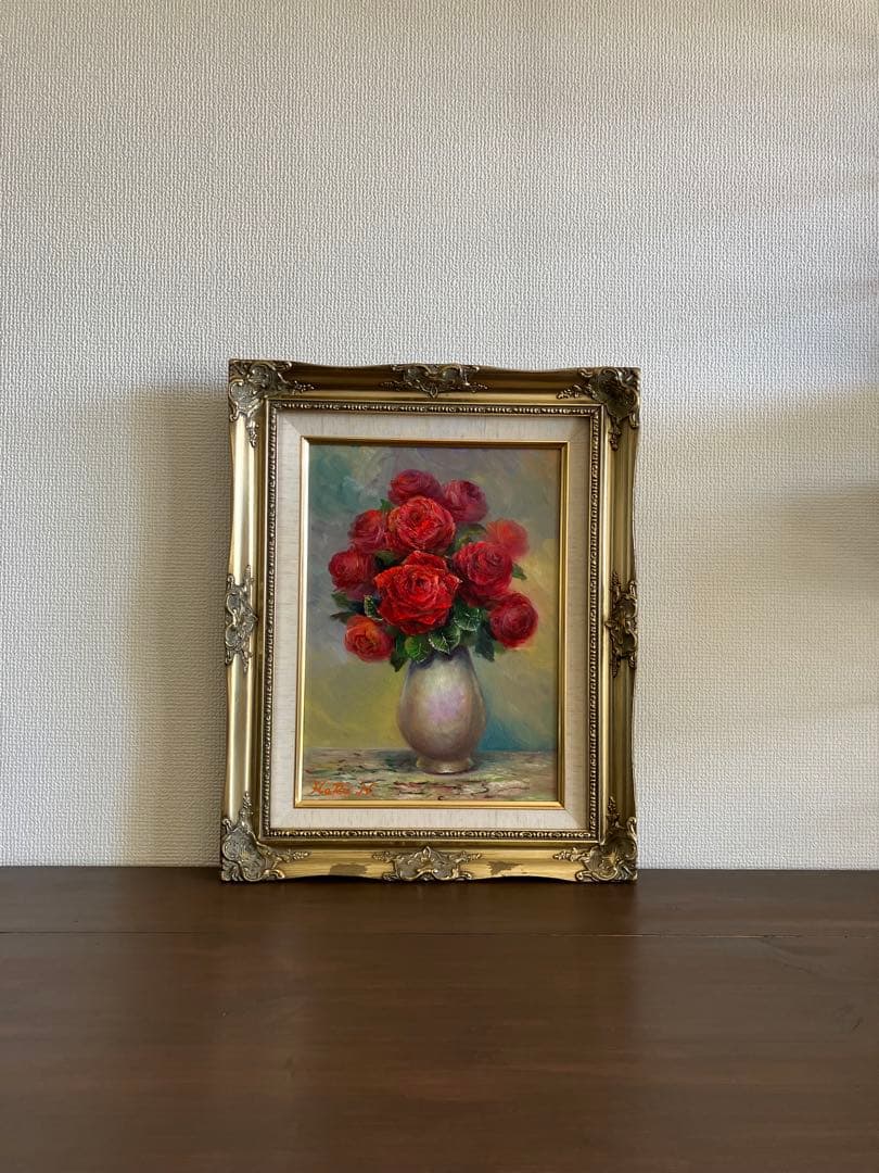 ☆ HaRu 薔薇 花 絵画 油絵 ♪ アンティーク 額縁 F4
