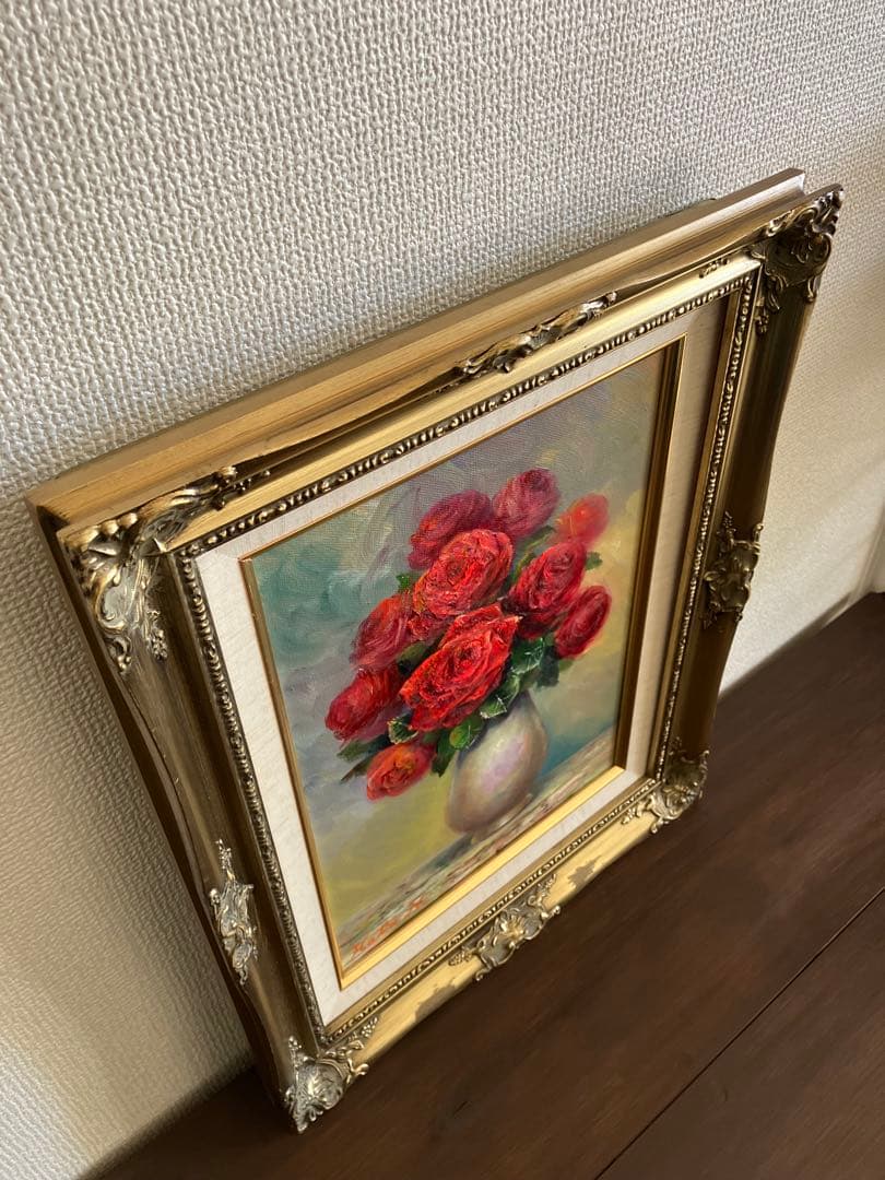☆ HaRu 薔薇 花 絵画 油絵 ♪ アンティーク 額縁 F4
