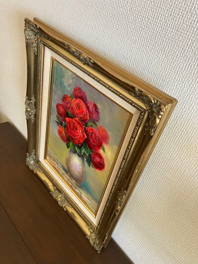 ☆ HaRu 薔薇 花 絵画 油絵 ♪ アンティーク 額縁 F4
