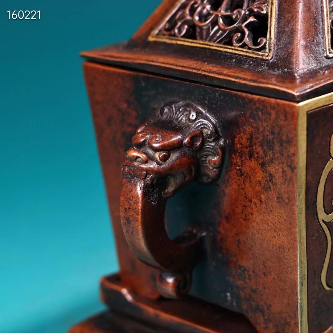 中国古美術・珍蔵·稀少品・紫銅・純手作り・鎏金高浮彫香炉・熏香爐・置物