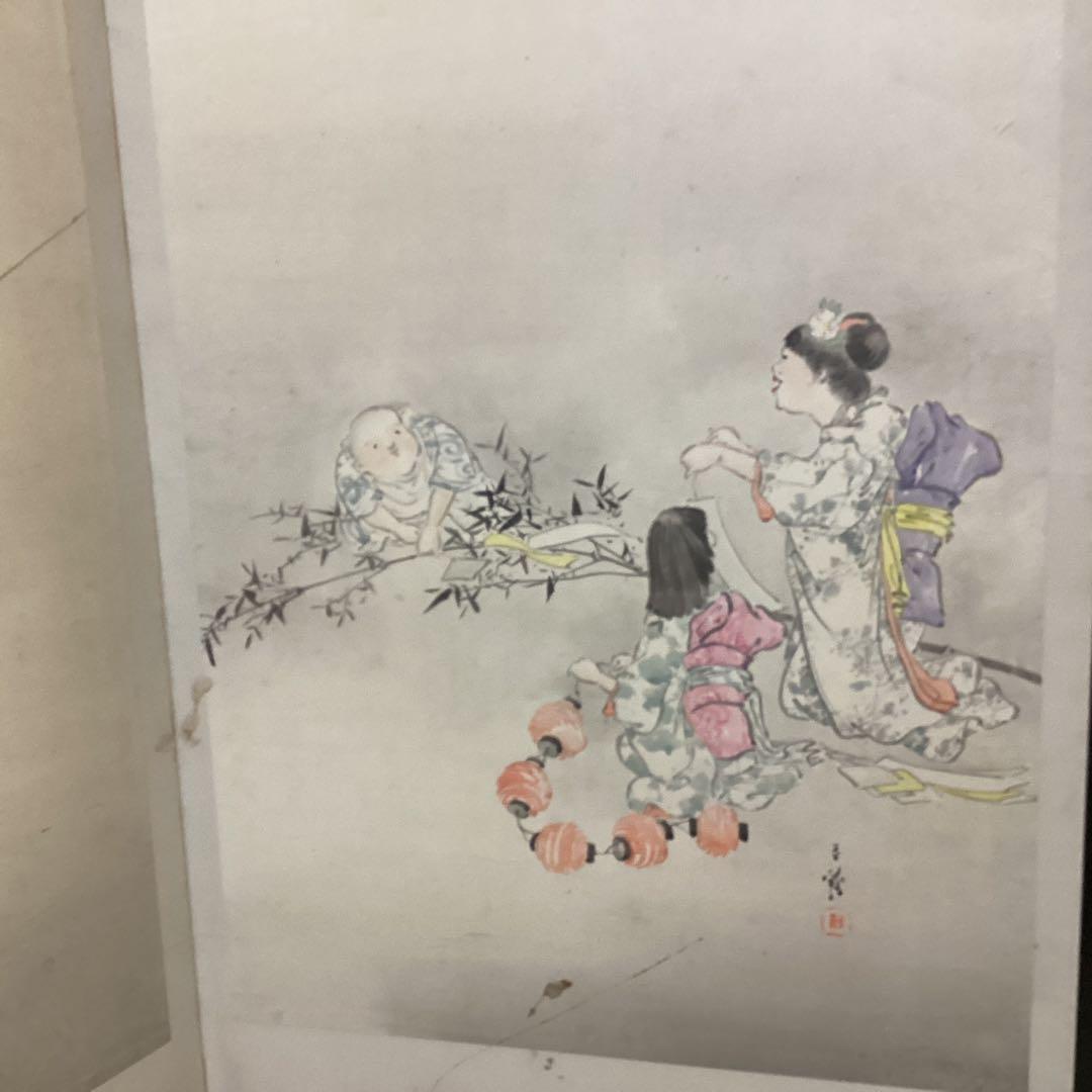 O-34日本の伝統的な屏風 子供遊びの図①六曲一双　パテーション水屋屏風としても