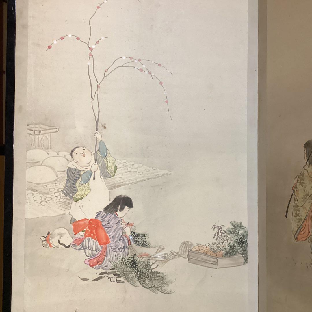 O-34日本の伝統的な屏風 子供遊びの図①六曲一双　パテーション水屋屏風としても