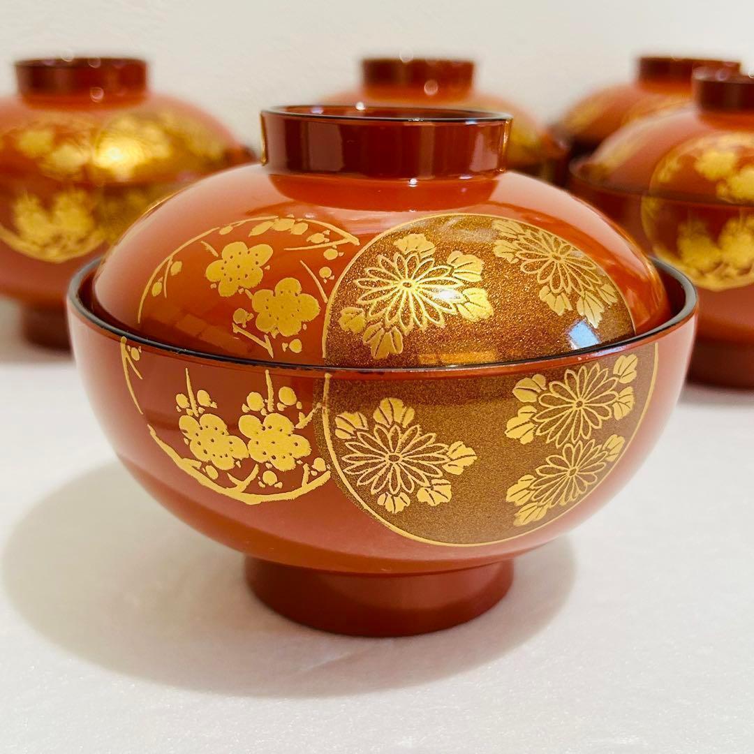 ⭐️ 会津塗 天然木加工品 四君子蒔絵 朱内朱 蓋付きお吸物椀揃 5客 ⭐️