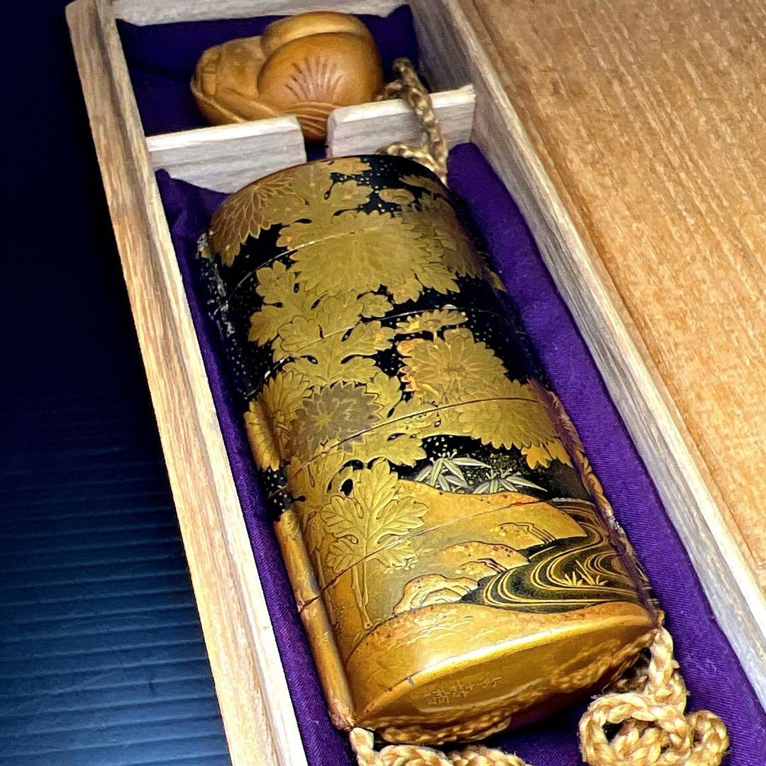 江戸時代　山田常嘉斉　極上蒔絵印籠　木箱付　76g 東Y7-1016☆2F