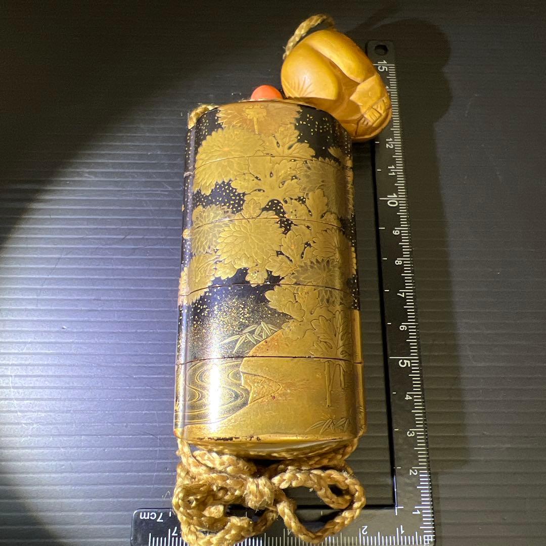 江戸時代　山田常嘉斉　極上蒔絵印籠　木箱付　76g 東Y7-1016☆2F