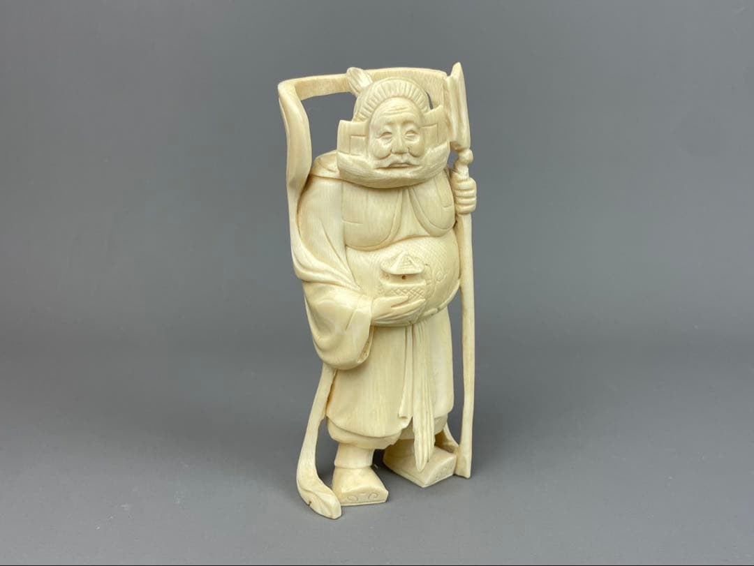 カバ牙風 芯彫 高さ約15cm 約382g 高級素材 毘沙門天 七福神 仏像