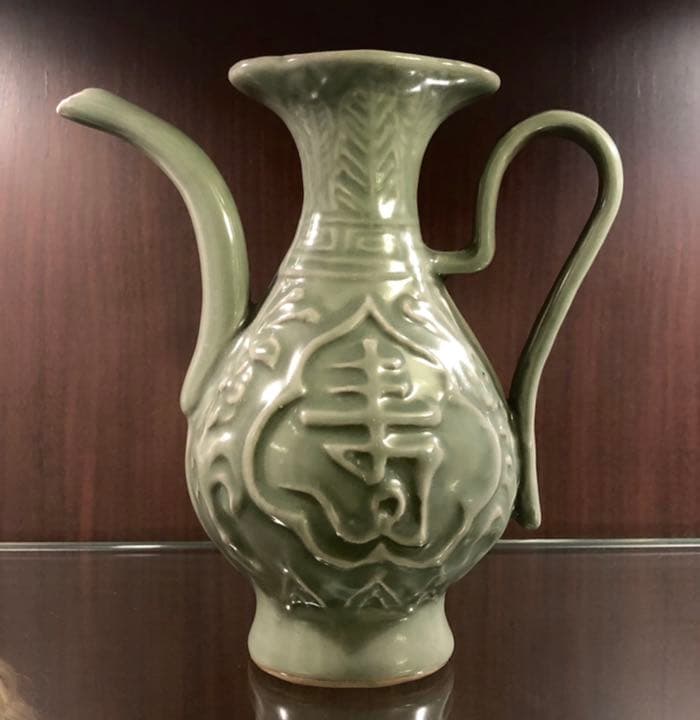 中国青磁　碧緑　骨董　福寿急須　花口瓶　明時代　高古瓷