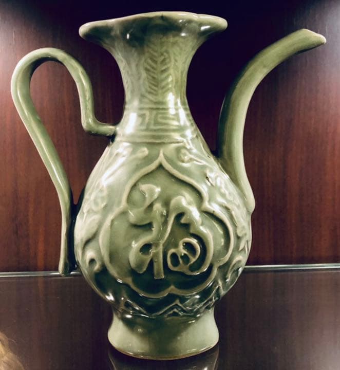 中国青磁　碧緑　骨董　福寿急須　花口瓶　明時代　高古瓷