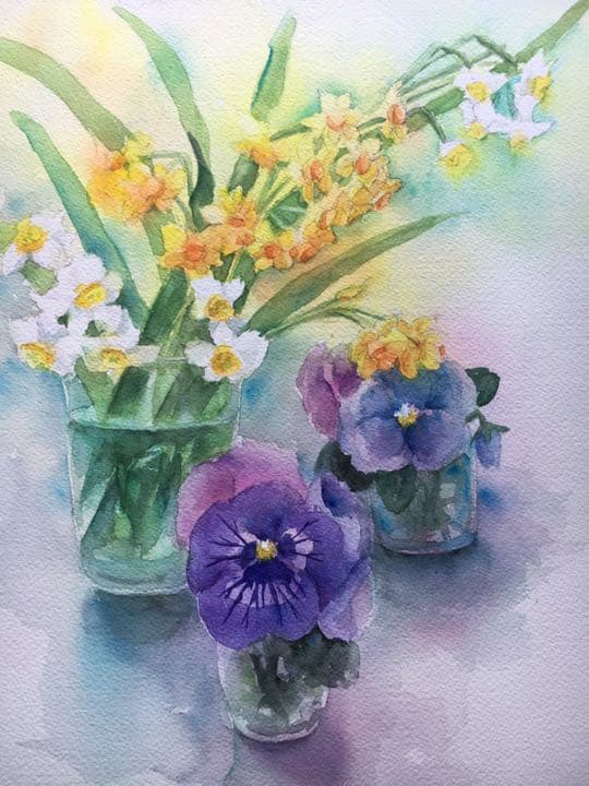 水彩画原画水仙とパンジー春のガーデン