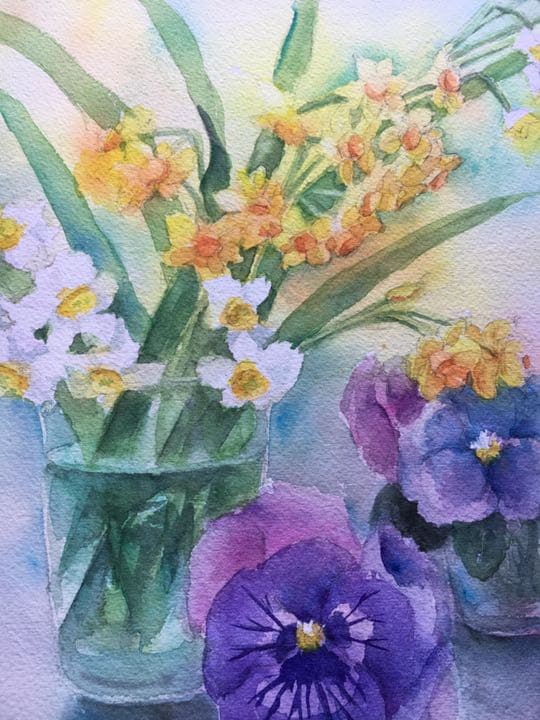 水彩画原画水仙とパンジー春のガーデン