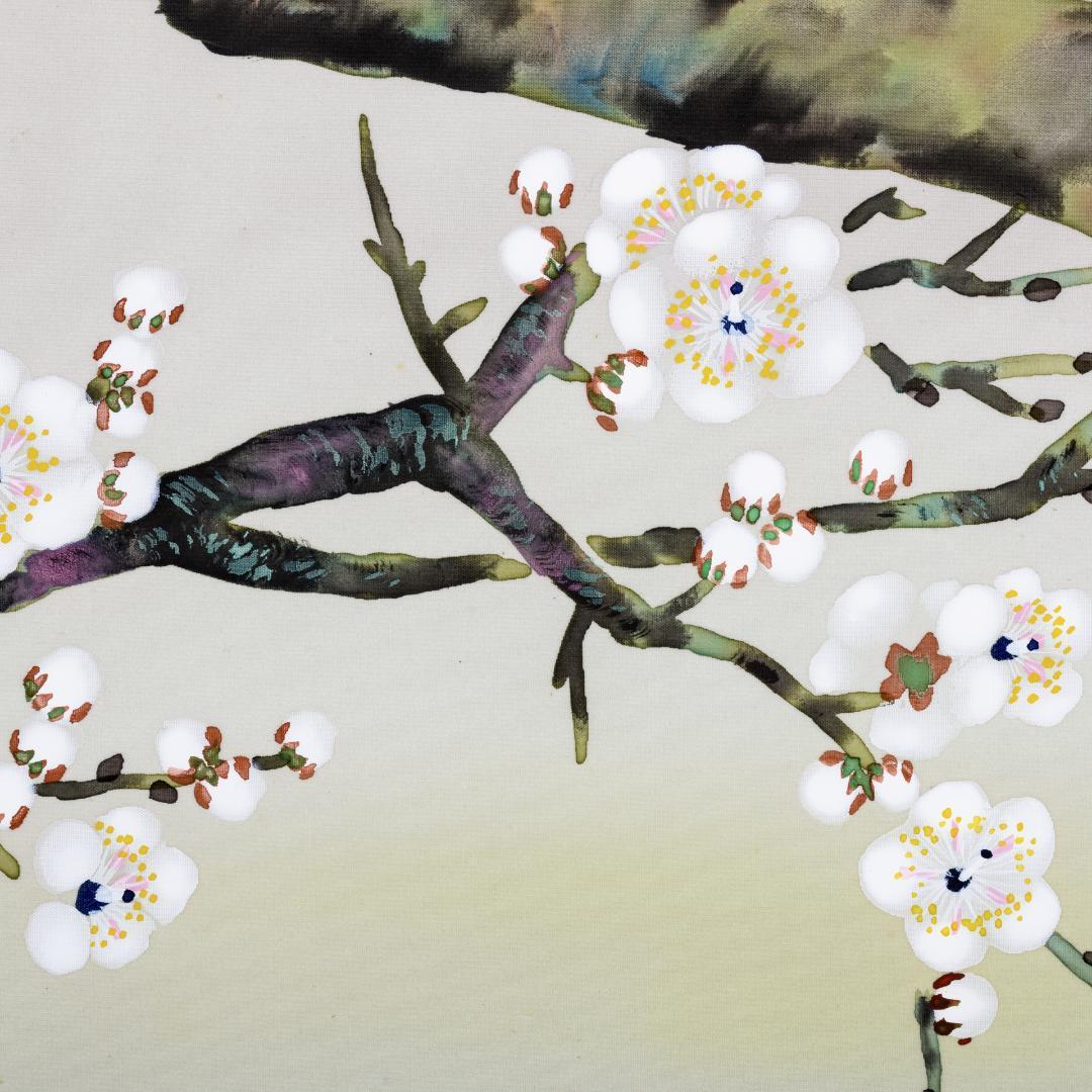 F10　肉筆水彩　日本画　梅とメジロ　高級木製額縁付属　外寸約713×638mm