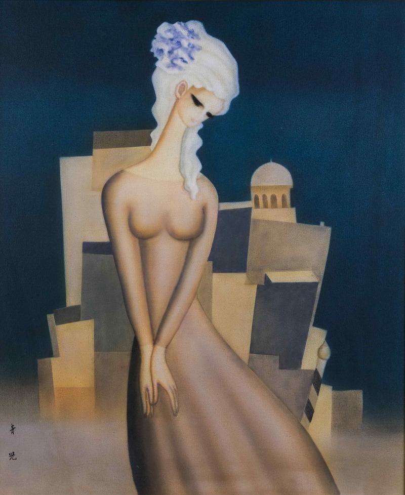 東郷青児　油彩　肉筆『ベニス』表と裏サイン　画廊シール　F8号　額装　b765