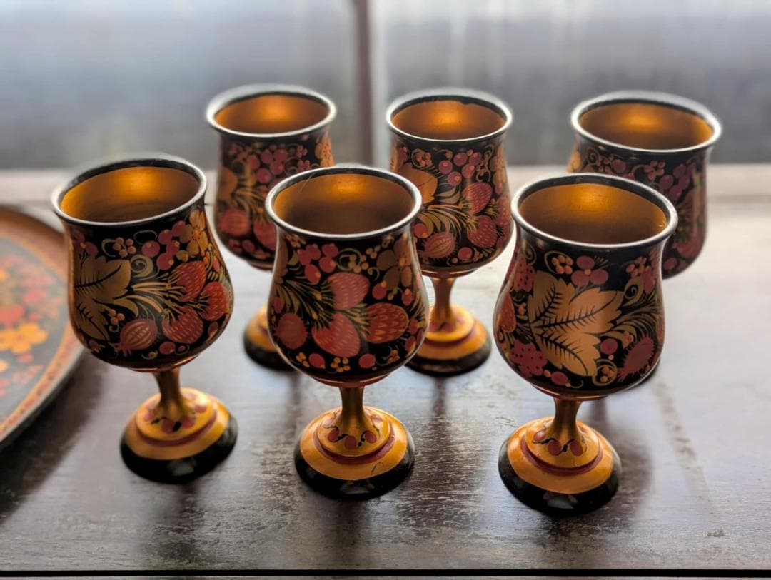 ロシア製　ホフロマ　木製　漆器　ワイングラス　セット