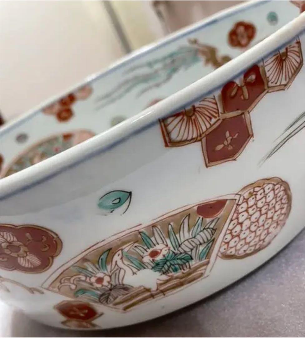 大きな器　【m183 麒麟　鳳凰　窓絵　二重高台　吉祥　染付色絵　平鉢　骨董　】