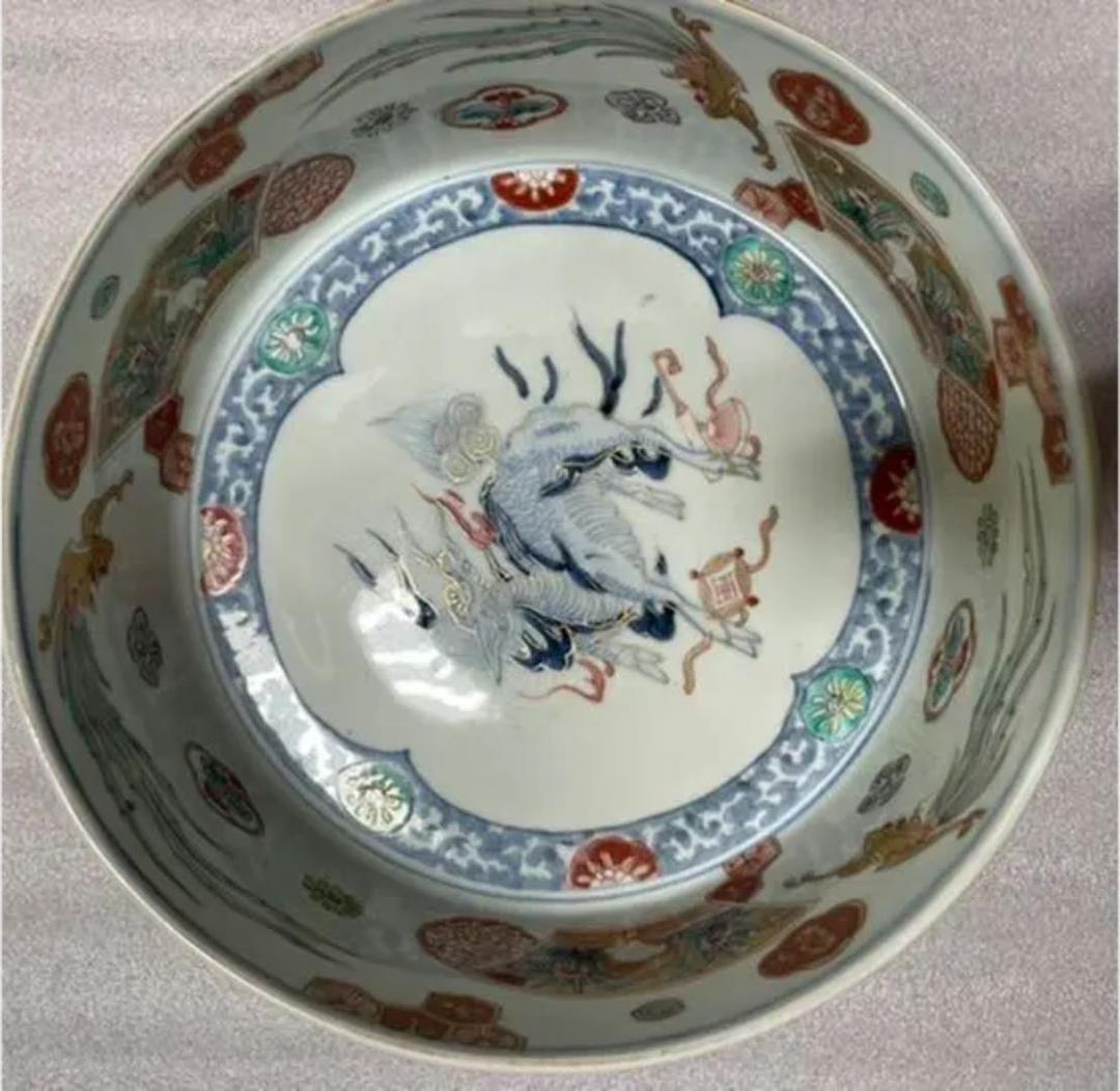 大きな器　【m183 麒麟　鳳凰　窓絵　二重高台　吉祥　染付色絵　平鉢　骨董　】