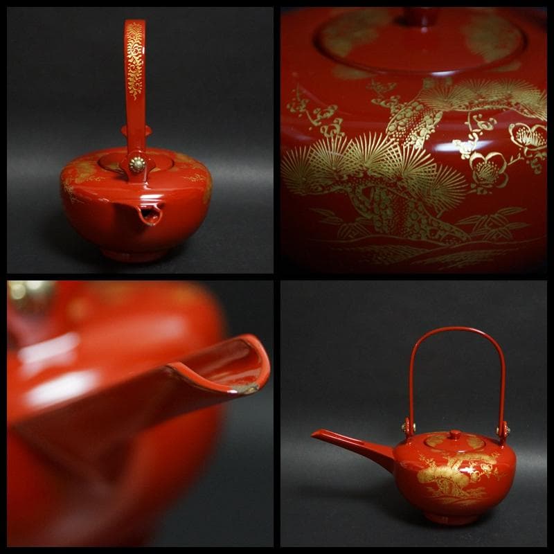 輪島塗 木製御屠蘇セット金蒔絵沈金『松竹梅鶴亀』銚子/杯(3客)/杯台 台共箱☆