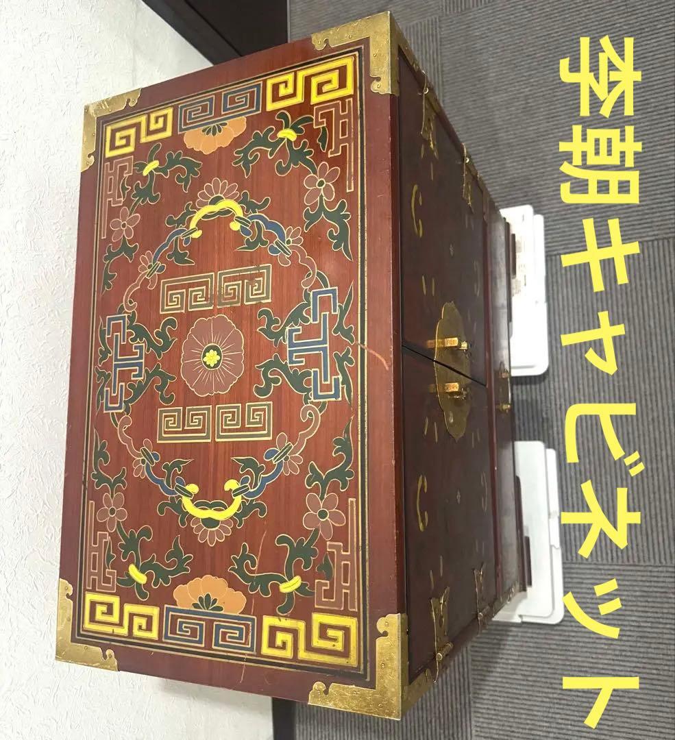希少シノワズリ 緻密金彩美しいバンダジ　李朝箪笥アンティーク漆塗キャビネット木製
