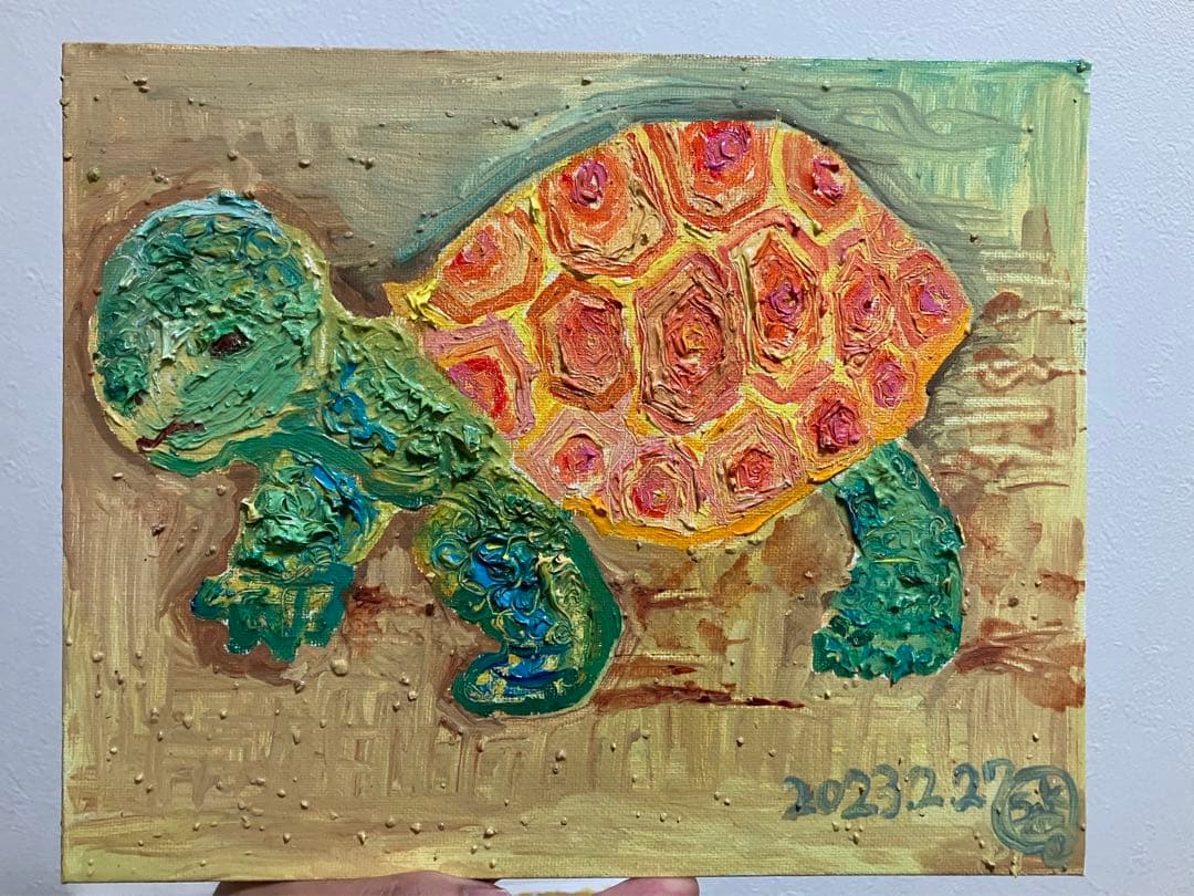 亀　油絵　原画　絵　動物　インテリア　絵画　アート　かわいい　おしゃれ　カラフル