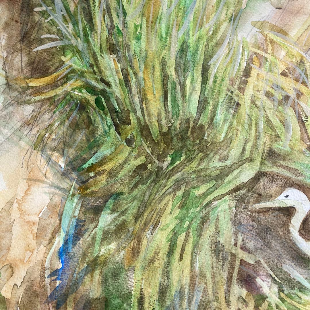 水彩画　川辺の一羽の鳥