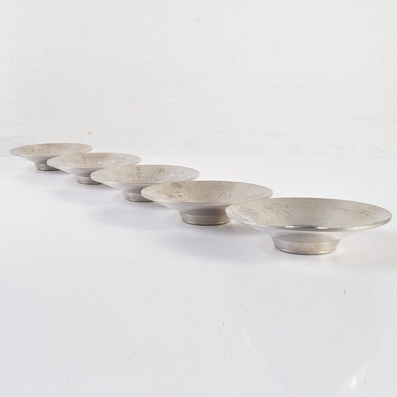 煎茶道具　平安　英青堂造　純錫園式茶托　五客　合計約588g　共箱　MR7702