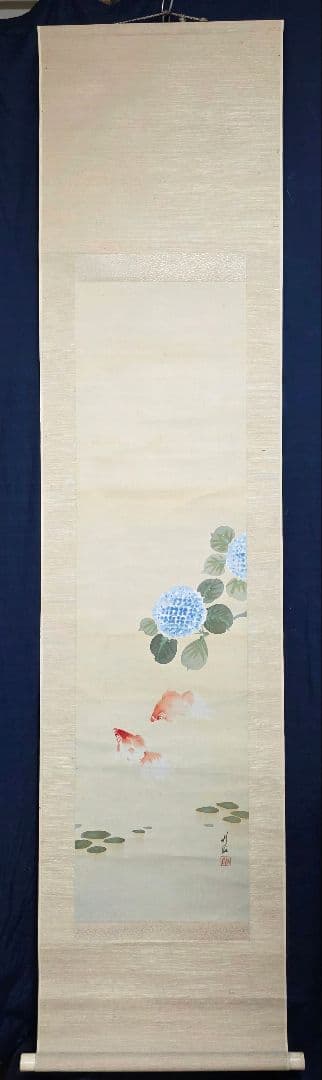 【紫陽花に金魚】尾竹竹坡 2725 共箱 掛け軸 肉筆 アジサイ