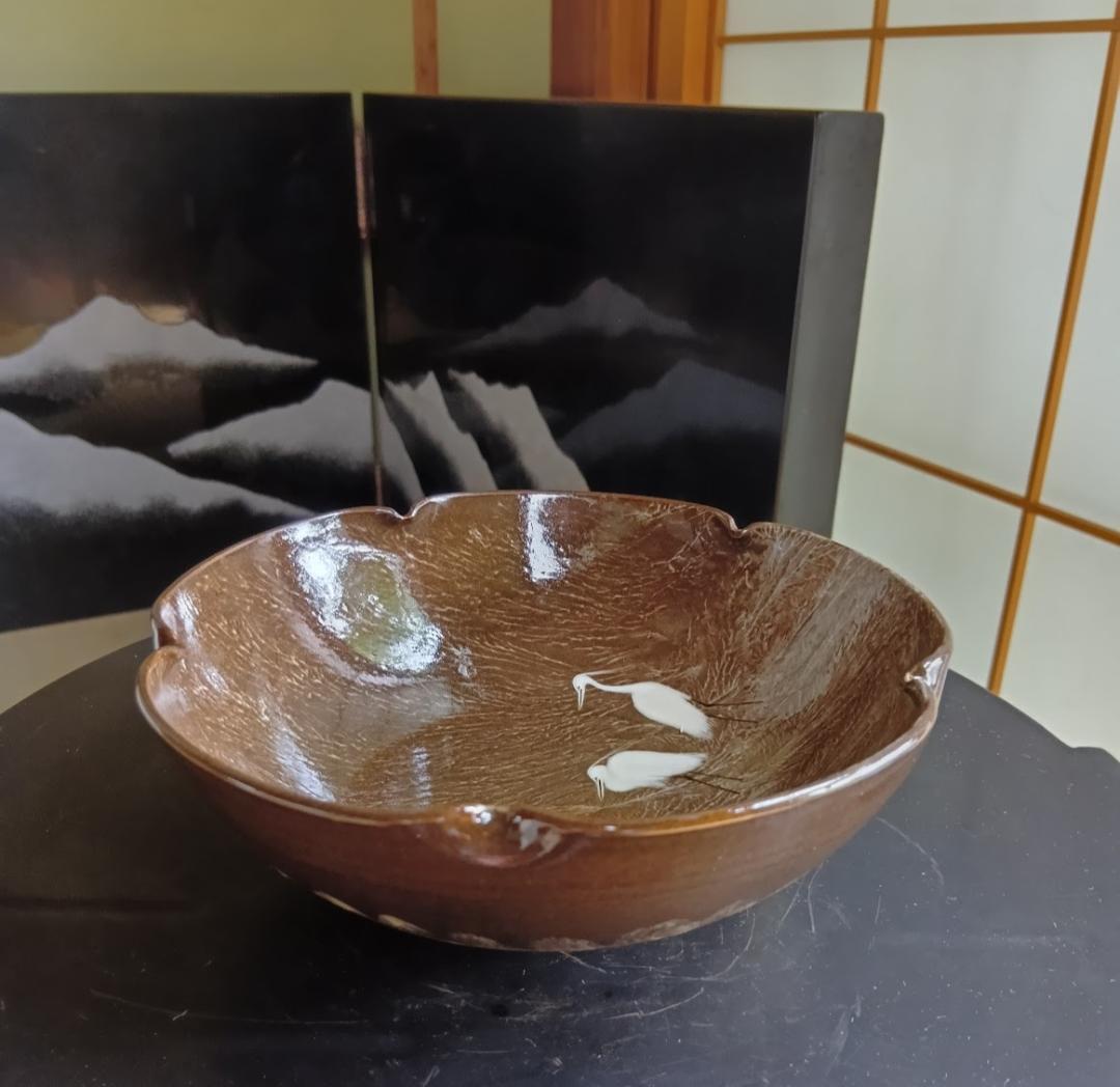 臥牛窯　十三代横石臥牛作　唄川菓子鉢　刷毛白鷺図　現川焼　木箱付き