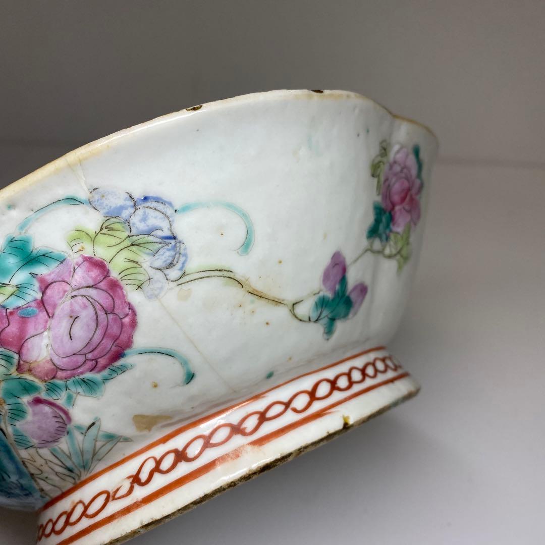 中国清時代　粉彩花鳥画鉢　幅約22㎝　東Y7-0331②タサオ