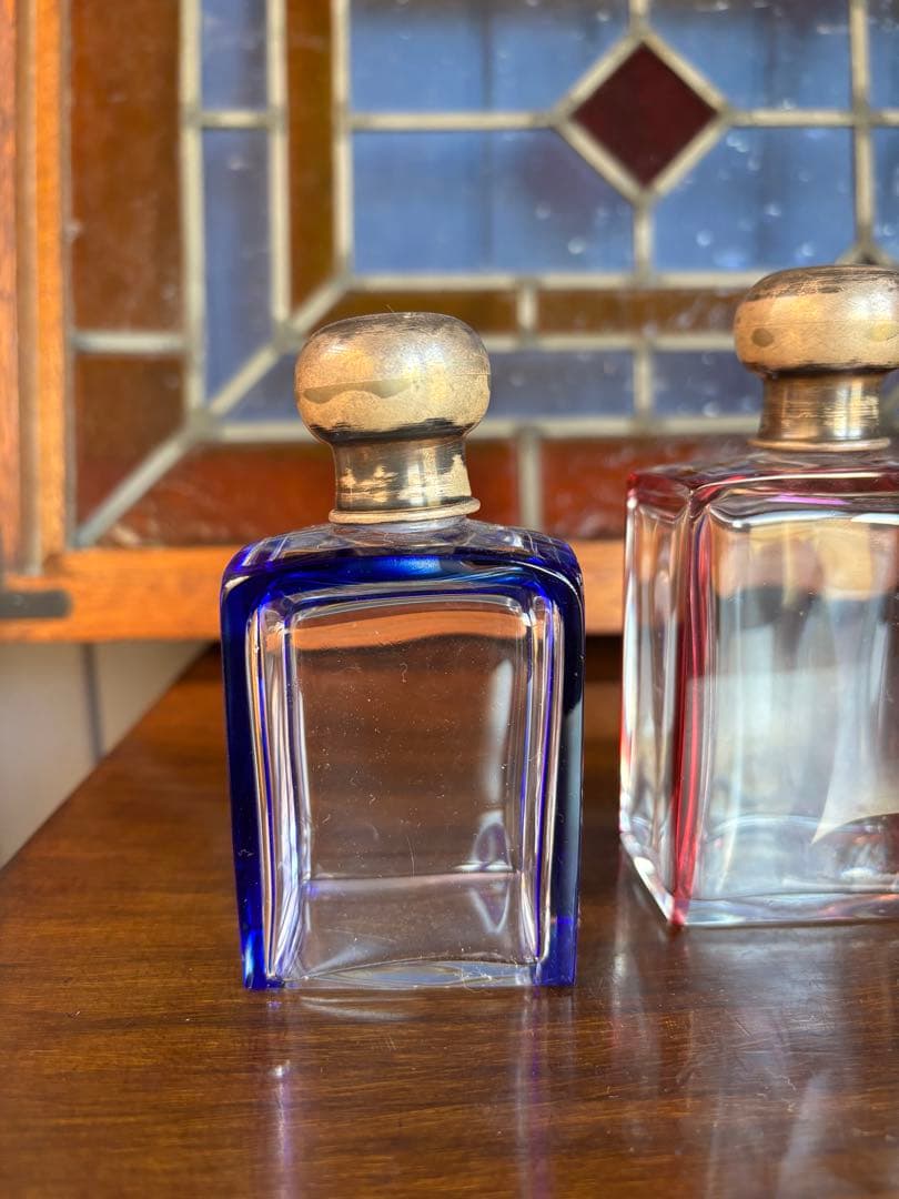 フランス アンティーク ガラス香水瓶 2点セット ブルー&レッド エッチング