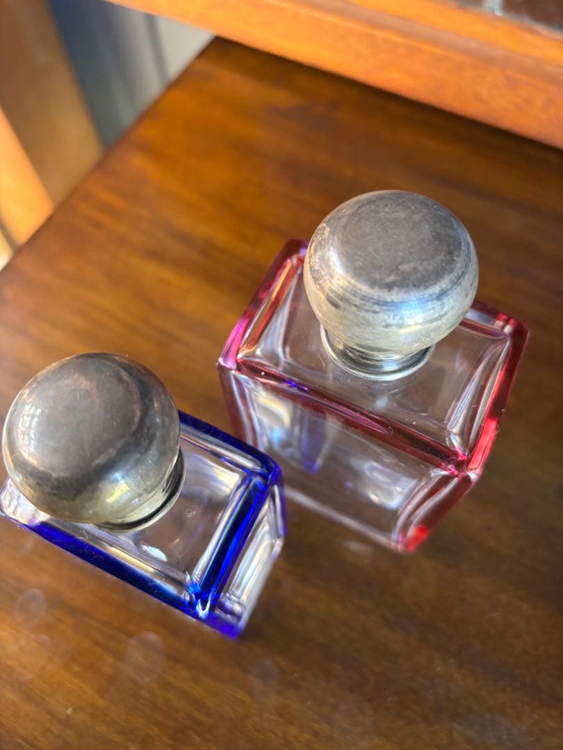 フランス アンティーク ガラス香水瓶 2点セット ブルー&レッド エッチング